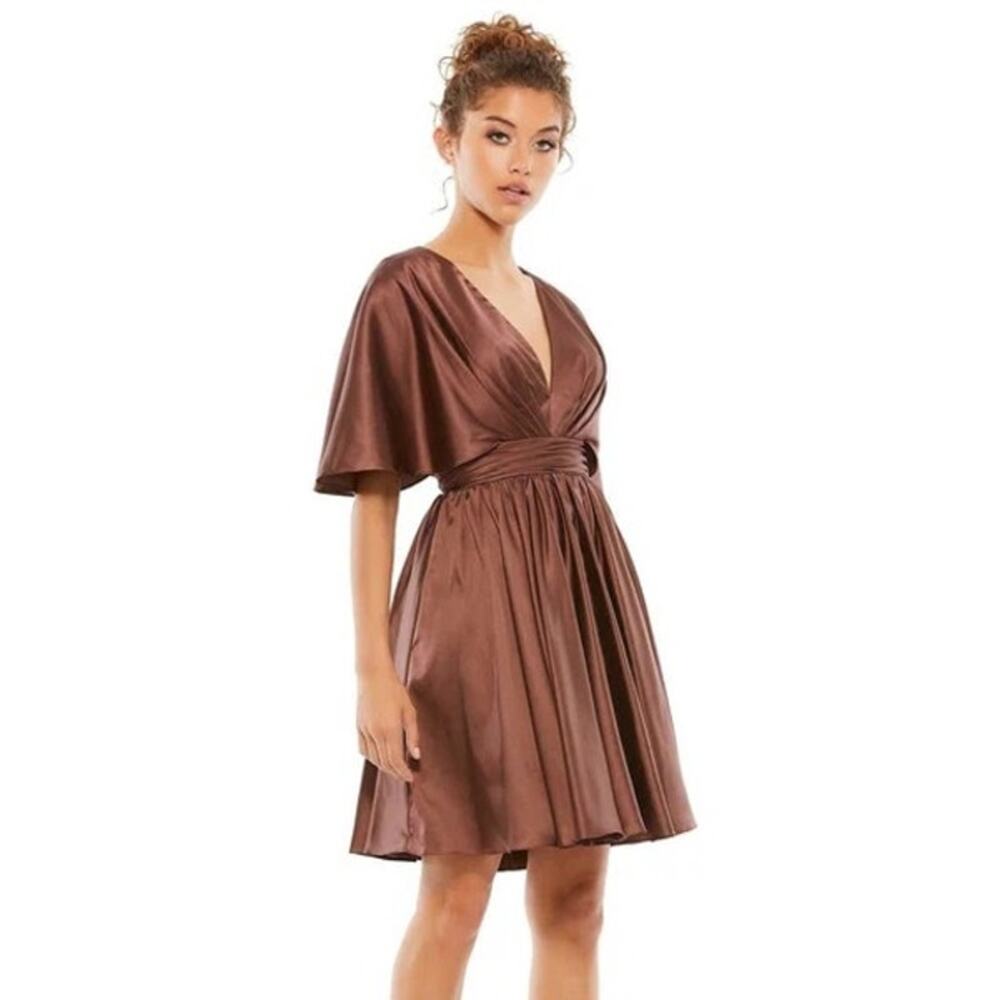IEENA for Mac Duggal 26605 Satin Dress Cape Sleeve Mini Chocolate Brown NWT 2